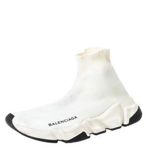 Pre Owned Balenciaga Off white Knit Fabric Speed Trainer Sneakers Size 36