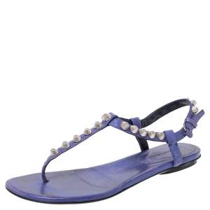 Pre Owned Balenciaga Purple Leather Studded Ankle Strap Flat Sandals Size 37