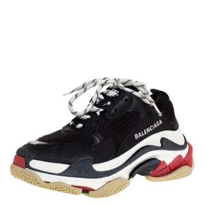 Pre Owned Balenciaga Black/White Leather and Mesh Triple S Platform Sneakers Size 35