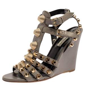 Balenciaga Grey Leather Arena Studded Gladiator Wedge Sandals Size 38