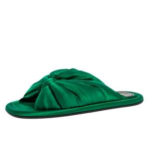 Pre Owned Balenciaga Green Satin Bow Flat Slides Size 36