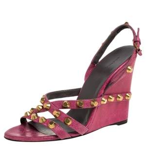 Pre Owned Balenciaga Pink Leather Studded Slingback Wedge Sandals Size 38.5