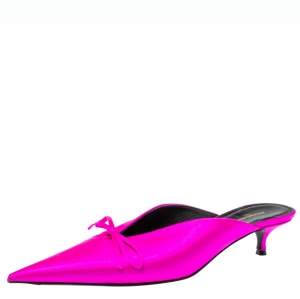 Pre Owned Balenciaga Metallic Pink Satin Knife Pointed Toe Kitten Heels Mules Size 38