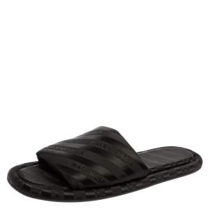 Pre Owned Balenciaga Black Fabric Hotel Logo Slides Size 39