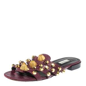 Pre Owned Balenciaga Leather Purple Arena Studded Strappy Flats Size 38.5