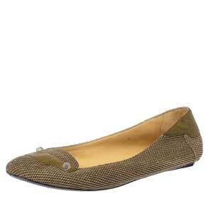 Pre Owned Balenciaga Beige/Olive Green Canvas And Leather Studed Ballet Flats Size 39.5