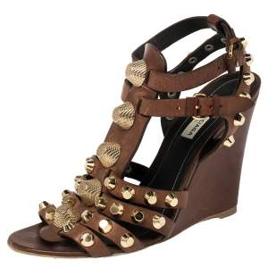 Pre Owned Balenciaga Brown Leather Arena Cage Wedge Sandals Size 39
