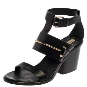 مملوكة مسبقًا Balenciaga Black Leather Ankle Wrap Block Heel Sandals Size 39