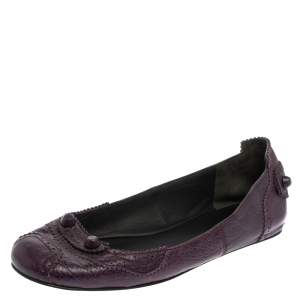 Pre Owned Balenciaga Purple Leather Coquelicot Brogue Ballet Flats Size 38.5