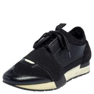 Pre Owned Balenciaga Black/White Leather And Mesh Race Runner Sneakers Size 38