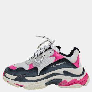 Balenciaga White/Pink Leather And Mesh Triple S Platform Sneakers Size 38