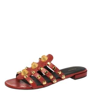 Pre Owned Balenciaga Red Leather Giant Studded Slides Flats Size 39.5