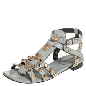 Pre Owned Balenciaga Grey Leather Studded Ankle Strap Flat Sandals Size 38.5