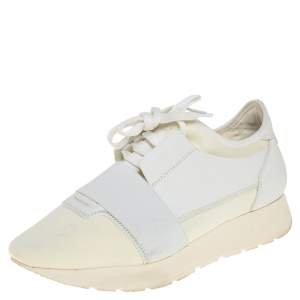 Balenciaga Cream/White Leather and Fabric Race Runner Sneakers Size 37