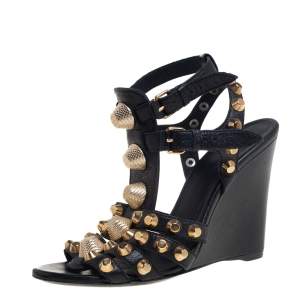 Pre Owned Balenciaga Black Leather Arena Studded Gladiator Wedge Sandals Size 37