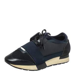 Balenciaga Black/Blue Leather And Mesh Race Runner Sneakers Size 38
