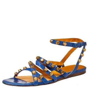 Pre Owned Balenciaga Blue Studded Leather Arena Studded Flat Sandals Size 38