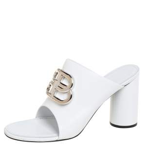 Pre Owned Balenciaga White Leather Oval Logo Slide Sandals Size 38