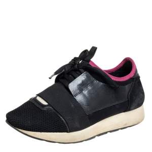 Pre Owned Balenciaga Black/Pink Suede And Mesh Race Runner Sneakers Size 38