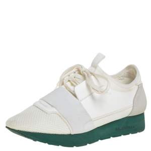 Pre Owned Balenciaga White Leather and Fabric Race Runner Sneakers Size 38