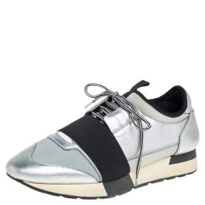 Balenciaga Silver Leather And Knit Fabric Race Runner Low Top Sneakers Size 38