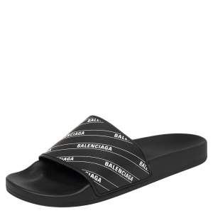 Pre Owned Balenciaga Black Rubber Logo Stamped Pool Slides Size 41
