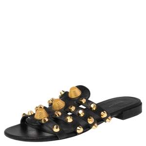 Pre Owned Balenciaga Black Leather Studded Slide Flats Size 38