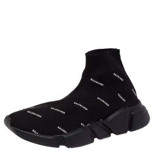 Pre Owned Balenciaga Black Logo Knit Fabric Speed Trainer High Top Sneakers Size 37