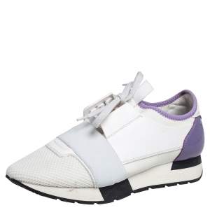 Balenciaga White/Lavender Leather And Mesh Race Runner Sneakers Size 38