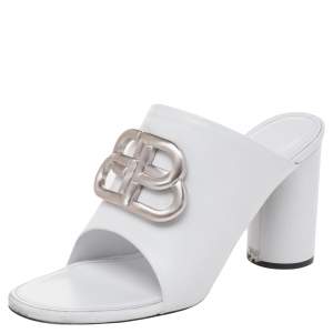 Pre Owned Balenciaga White Leather Oval Logo Block Heel Slide Sandals Size 37.5