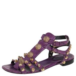 Pre Owned Balenciaga Purple Leather Studded Ankle Strap Flat Sandals Size 38