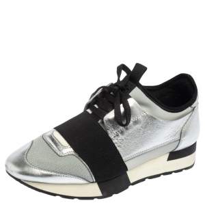 Balenciaga Silver/Grey Leather And Fabric Race Runner  Sneakers Size 36