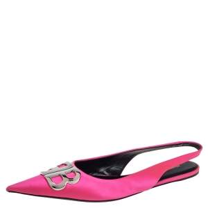 Pre Owned Balenciaga Pink Satin BB Logo Embellished Slingback Pointed Toe Flats Size 41