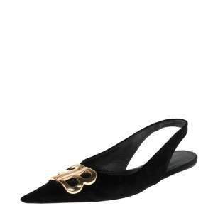 Pre Owned Balenciaga Black Velvet BB Logo Embellished Slingback Pointed Toe Flats Size 38