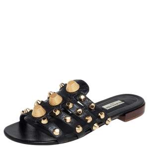 Pre Owned Balenciaga Black Leather Arena Studded Strappy Flats Size 37.5