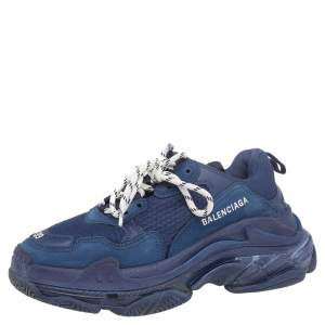 Pre Owned Balenciaga Blue Mesh And Leather Triple S Clear Sole Low Top Sneakers Size 39
