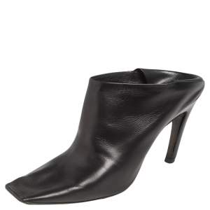 Balenciaga Black Leather Quadro Square Toe Foldable Heel Mules Size 37