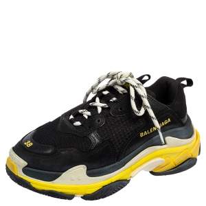 Balenciaga Black/Yellow Leather and Mesh Triple S Sneakers Size 38 