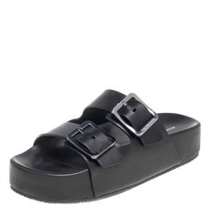 Balenciaga Black Leather Mallorca Dual Buckle Slide Sandals Size 39