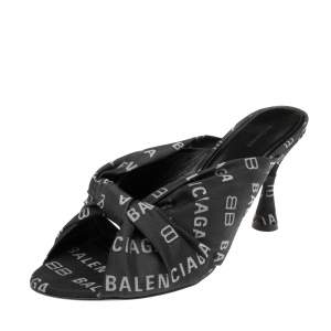 Pre Owned Balenciaga Black/White Logo Jacquard Fabric Drapy Mules Size 39.5