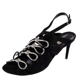 مملوكة مسبقًا Balenciaga Black Suede  Caged Boulce Bow Ankle Strap Sandals Size 38