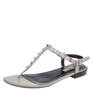 Balenciaga Grey Studded Leather Arena Thong Flat Sandals Size 39.5