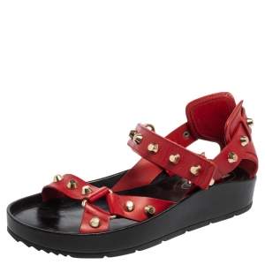 Balenciaga Red Leather Arena Studded Platform Sandals Size 38.5