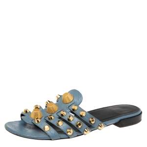 Balenciaga Blue Leather Arena Studded Flat Sandals Size 39