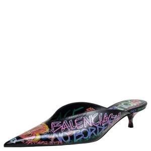 Pre Owned Balenciaga Black Graffiti Leather Knife Pointed Toe Mules Size 37