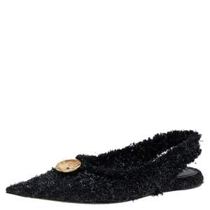 Balenciaga Black Tweed Slingback Flat Sandals Size 38
