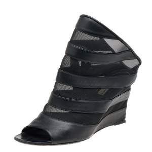 Balenciaga Black Leather and Mesh Prism Wedge Sandals Size 39