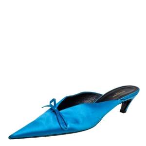 Pre Owned Balenciaga Blue Satin Bow Knife Mules Size 40