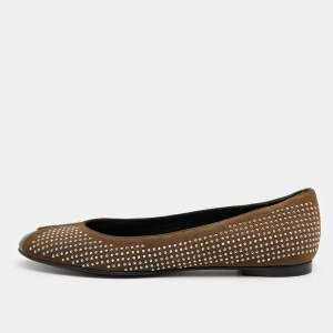 مملوكة مسبقًا Balenciaga Brown/Olive Green Suede and Leather Studded Ballet Flats Size 36