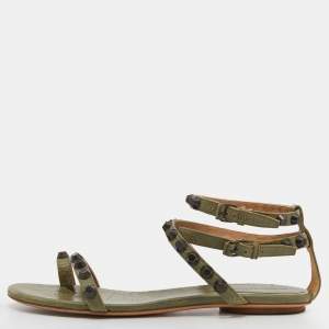  Balenciaga Green Leather Studded Flat Strappy Sandals Size 39.5